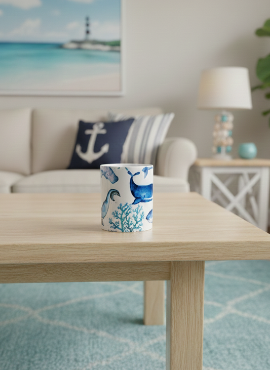 White cylindrical cup with blue whale illustration sits on a pale, light-grained wooden table. Turquoise rug below.