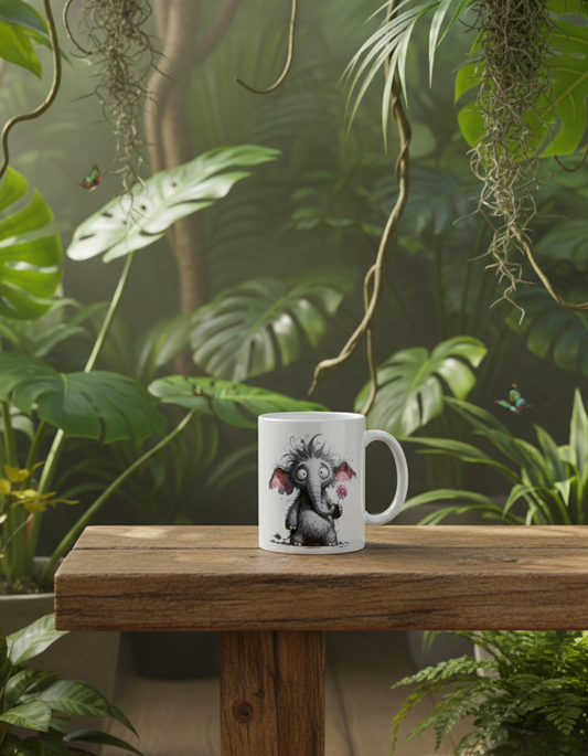 White mug with elephant design on dark wooden shelf in a dense, humid jungle setting with large green leaves and hanging moss.