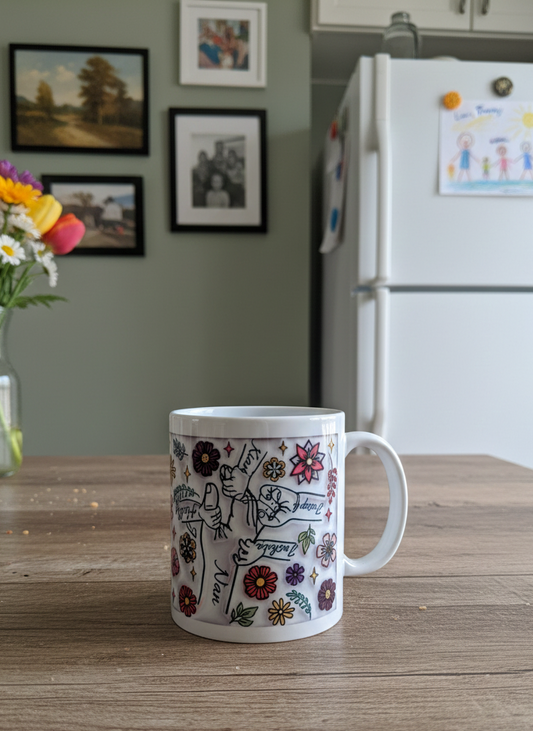 White mug featuring a detailed, colourful floral and line-art illustration of hands and names, contrasted against a sage-green wall.