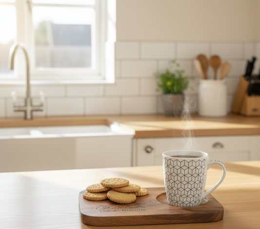 Steaming white mug with grey geometric pattern and light brown biscuits resting on a rectangular, dark wood serving board.