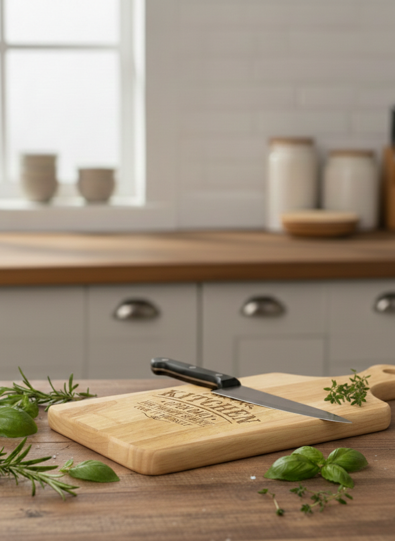 Light blonde wood cutting board engraved with text, featuring a black-handled knife and scattered fresh green herbs.