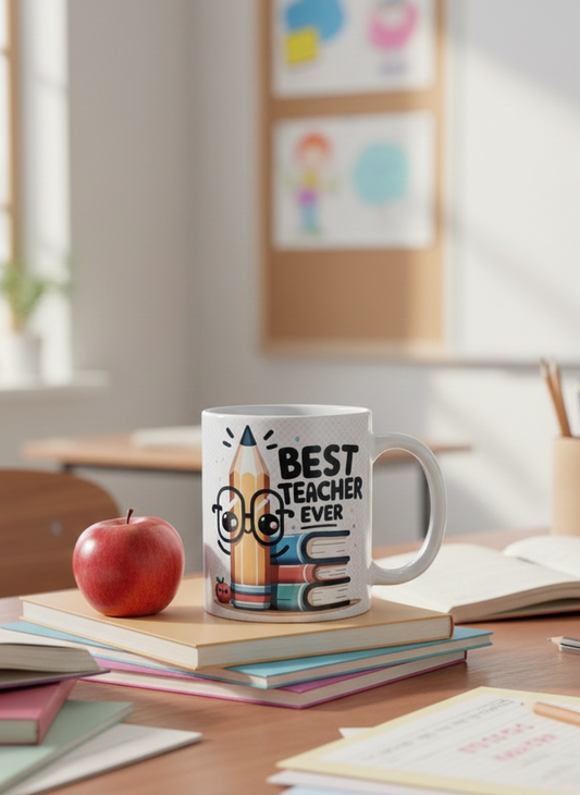 A white mug printed with a pencil graphic sits on colourful stacked books beside a shiny red apple in a classroom.
