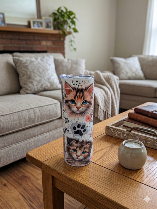 Slim tumbler featuring fluffy tabby kitten faces and a black paw print on a light oak table. Warm, earthy colours.