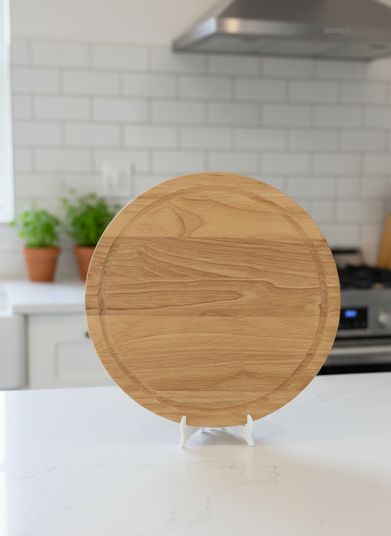 Round light brown wooden board featuring a juice groove and strong grain texture, displayed on a white quartz counter in a modern kitchen.