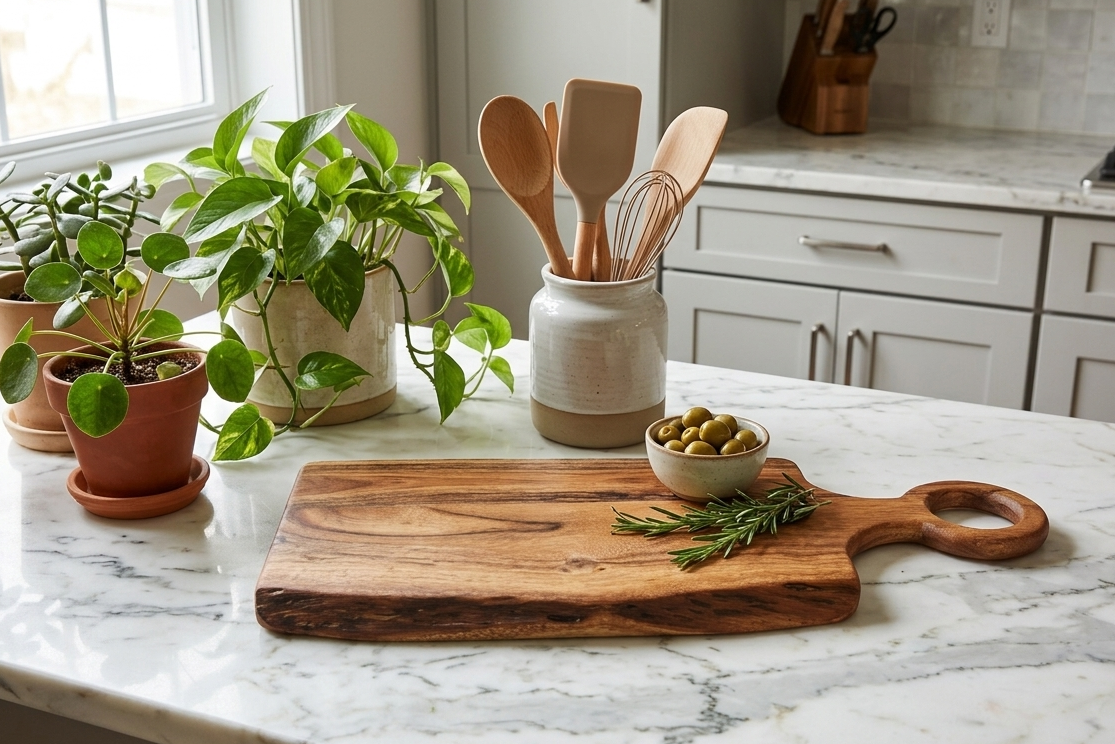 A rectangular "Acacia Server 53 x 23.jpeg" with a circular handle rests on a white marble countertop. On the board is a sprig of rosemary and a small bowl of green olives. Behind it, several potted plants sit near a window, and a ceramic crock holds various wooden and silicone kitchen utensils. The background shows a modern kitchen with light grey cabinets and a white tiled backsplash.