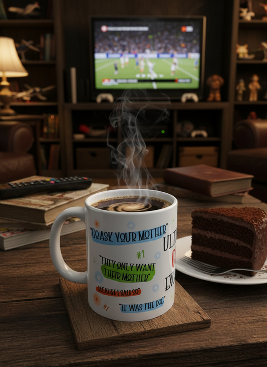 A white coffee mug featuring humorous "dad phrases" sits on a wooden coaster atop a rustic table. The mug is filled with steaming black coffee. Next to it, a generous slice of rich chocolate layer cake rests on a white plate with a fork.