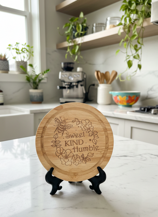 A round wooden cutting board engraved with a bee and floral wreath design reading 'Sweet Kind Humble,' displayed on a black decorative stand on a white marble kitchen countertop with houseplants and an espresso machine in the background.