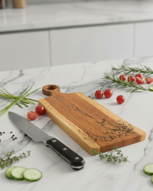 Warm brown wood board with an owl engraving, surrounded by herbs and red tomatoes on white marble.