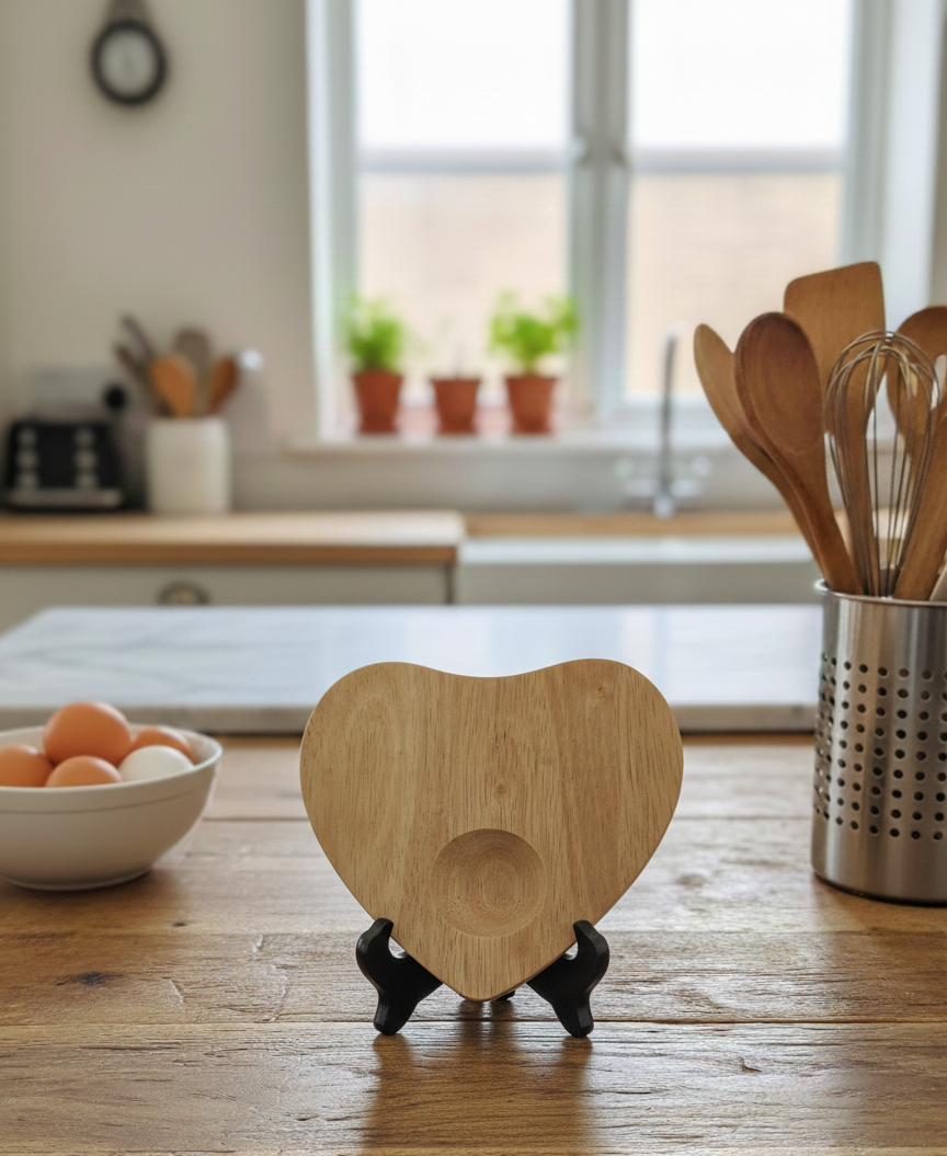 Heart-shaped light wood board showing clear grain texture, standing on a black easel on a rustic wooden counter.