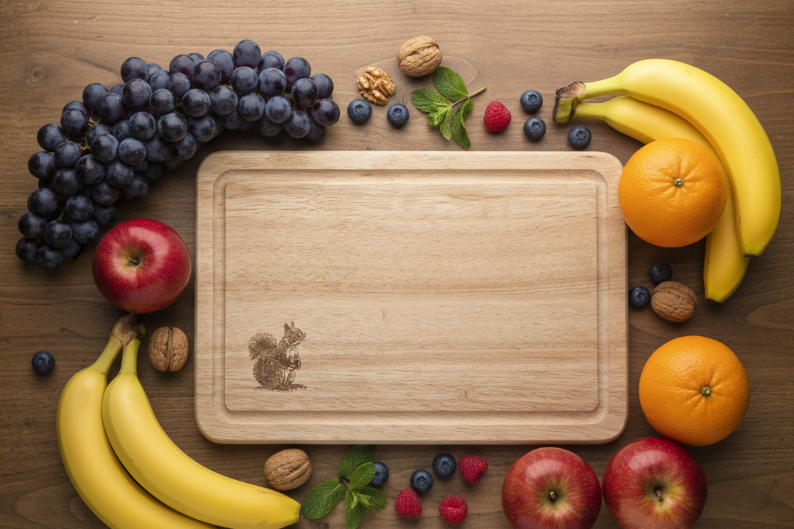 Flat lay view of the light wood cutting board, bordered by bunches of purple grapes, yellow bananas, red apples, oranges, and walnuts.