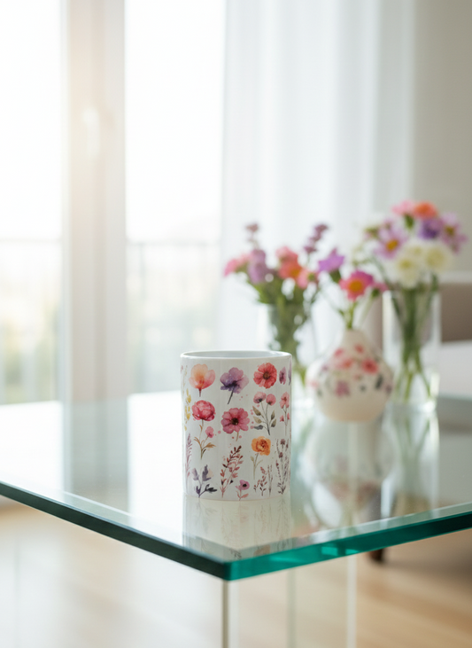 A cylindrical white mug with delicate wildflowers sits near the corner of a thick glass table, highlighting the teal edge. Bright daylight.