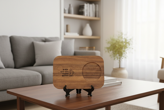 A dark, rectangular, wooden tray on a black stand. It has a cup indent and is engraved with a tea slogan. Fine wood grain texture.