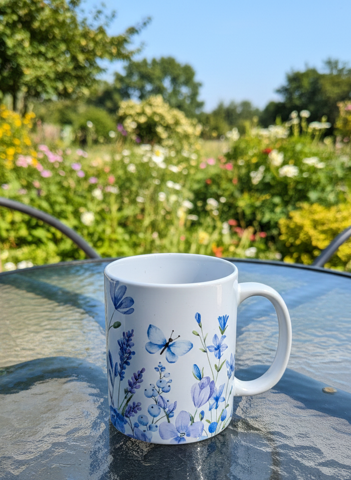 White ceramic mug featuring a blue butterfly and lilac watercolour flowers rests on a glass table in a bright garden.