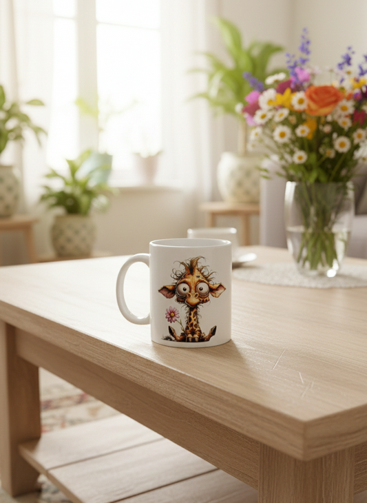White ceramic mug with a wide-eyed cartoon giraffe design, placed directly on a smooth, blonde-coloured wood coffee table.