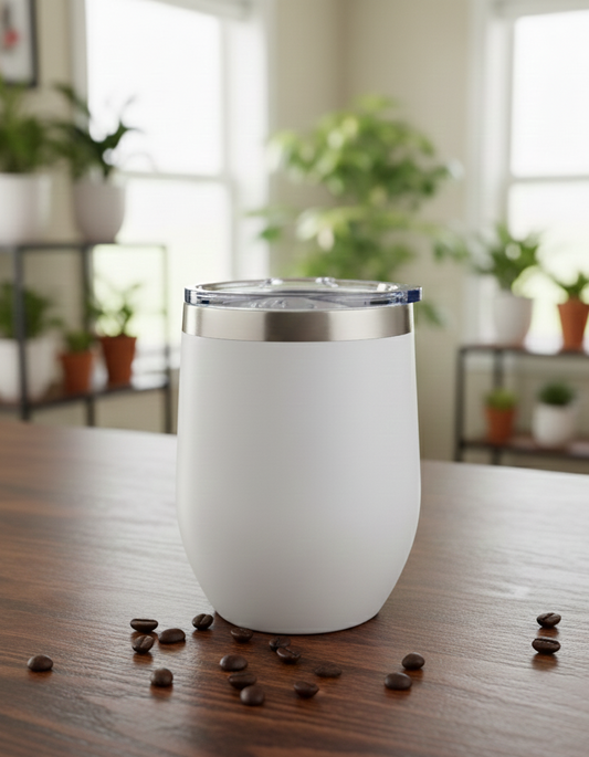 A matte white insulated tumbler is centred on a dark wooden table. Coffee beans are scattered around the base. Indoor plants blur the background.