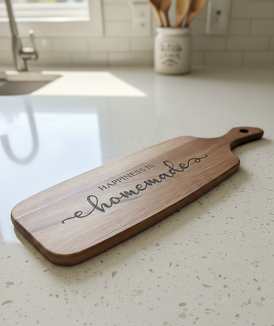 Long, brown wooden paddle board, etched with "Happiness is homemade" script, lying flat on a bright speckled white countertop.