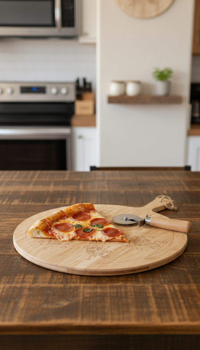 Light wood round pizza board holding one pepperoni slice and a silver cutter, sitting on a dark brown textured table.