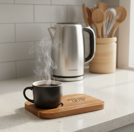 Steaming matte black mug of coffee rests on the engraved rectangular wooden coaster upon a grey speckled counter.