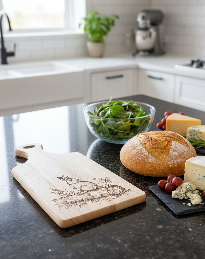 Light wooden board, engraved with a rabbit, rests on a polished dark Grey speckled countertop next to bread, salad, and cheeses.