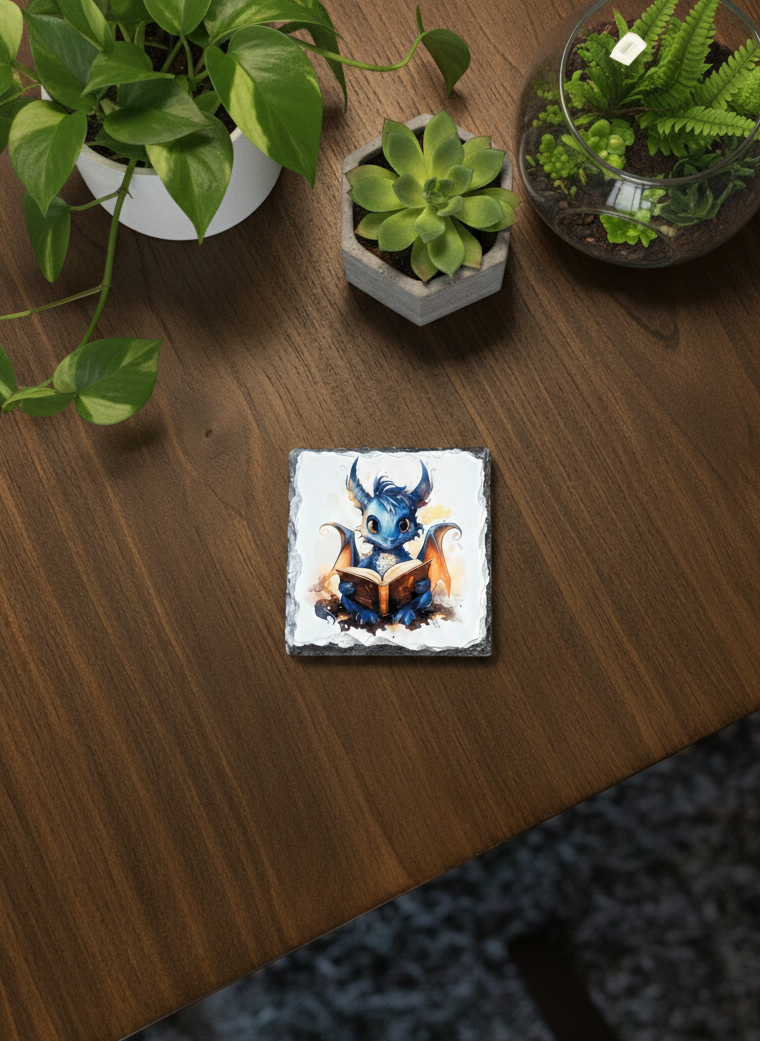 A square slate coaster depicting a dark blue dragon with orange wings reading a book on a rich wooden table.