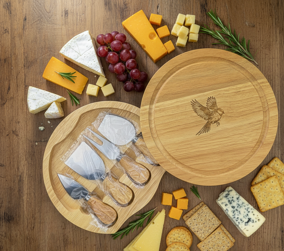Round oak cheese board set, featuring a bird engraving and four wrapped metal utensils, surrounded by various cheeses, crackers, and grapes.