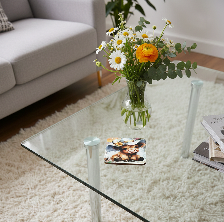 Baby cow coaster on a glass table beside a vase of white and orange flowers, with a grey sofa and shaggy rug background.