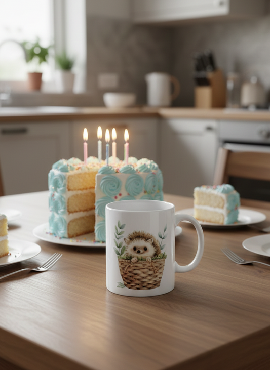 White hedgehog mug on wood, positioned before a yellow sponge birthday cake decorated with turquoise icing rosettes and lit candles.