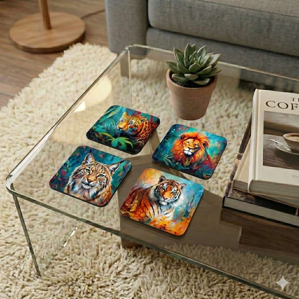 Four square coasters with vivid, expressive paintings of jungle cats (lion, tiger, leopard, lynx) on a clear glass coffee table.