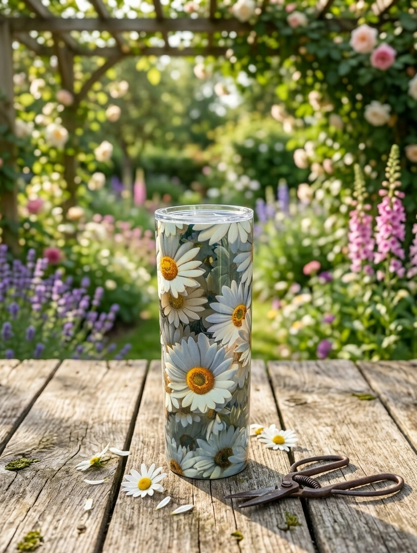A grey daisy-patterned tumbler stands on a rustic wooden table beside garden shears in a sunlit rose garden.