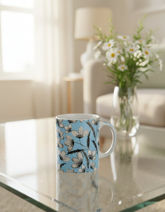 Light blue ceramic mug patterned with white flowers and dark leaves reflects on a clear glass table surface in warm light.