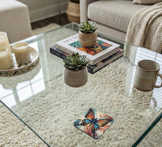 A colourful butterfly coaster sits on a glass table above a textured cream rug, flanked by potted succulents and a ceramic mug.