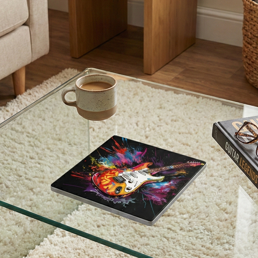 A square coaster with a colourful electric guitar and paint splatters on a glass table near a mug and a book.