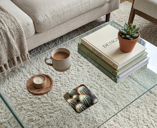 Close-up of a square cactus coaster on a clear glass table, visible over the plush, textured beige shaggy rug.