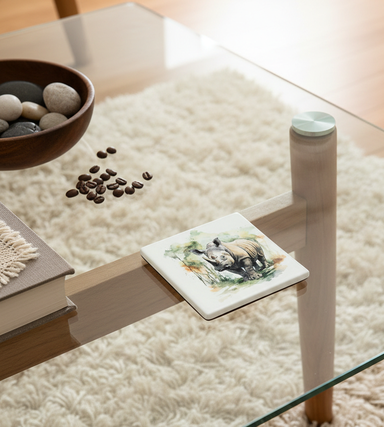 Rhino coaster on a glass table edge, with scattered coffee beans, books, and a wooden bowl of smooth grey stones.