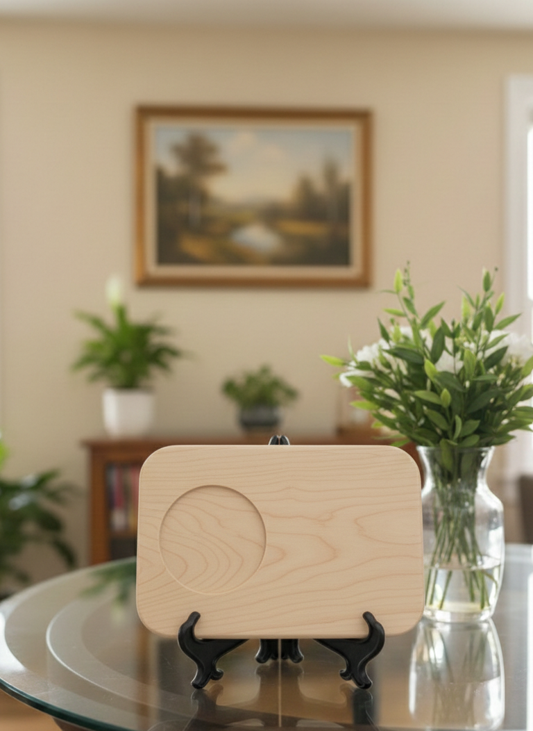 Pale, natural wooden coaster holder, rectangular with rounded edges, displayed on a black stand on a glass table.
