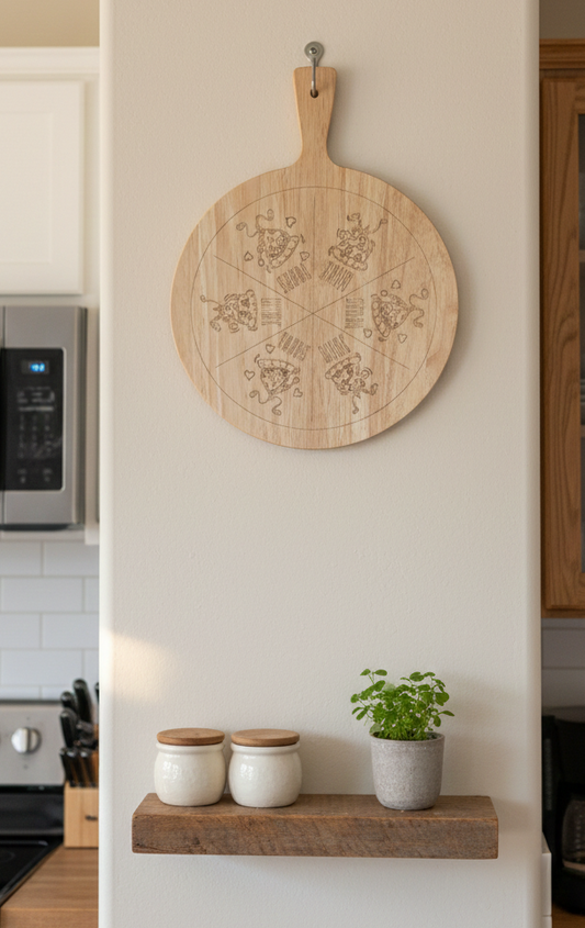Round wooden pizza board, etched with designs, hanging centrally on a cream pillar above a rustic floating shelf.
