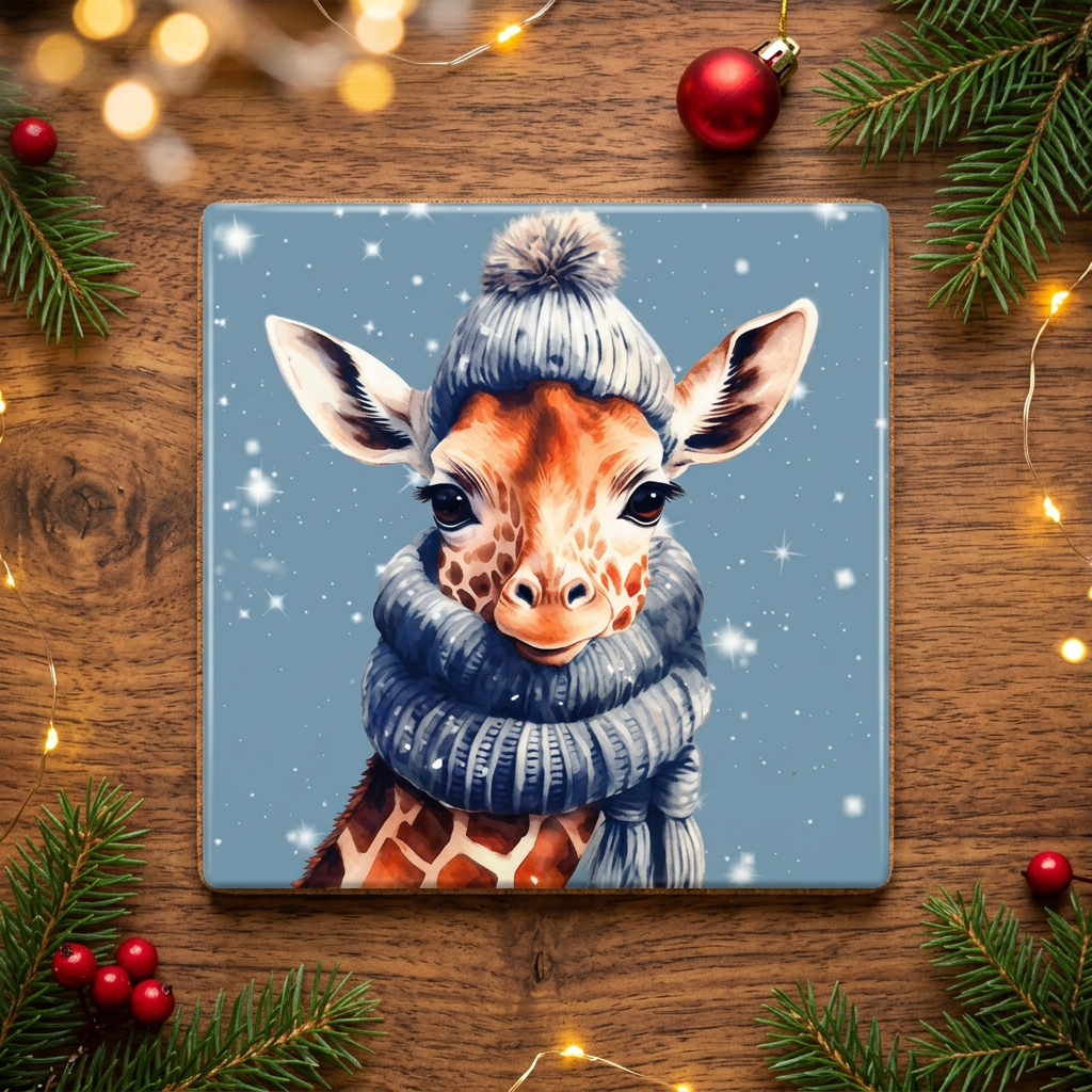 Giraffe Christmas coaster on festive wooden backdrop