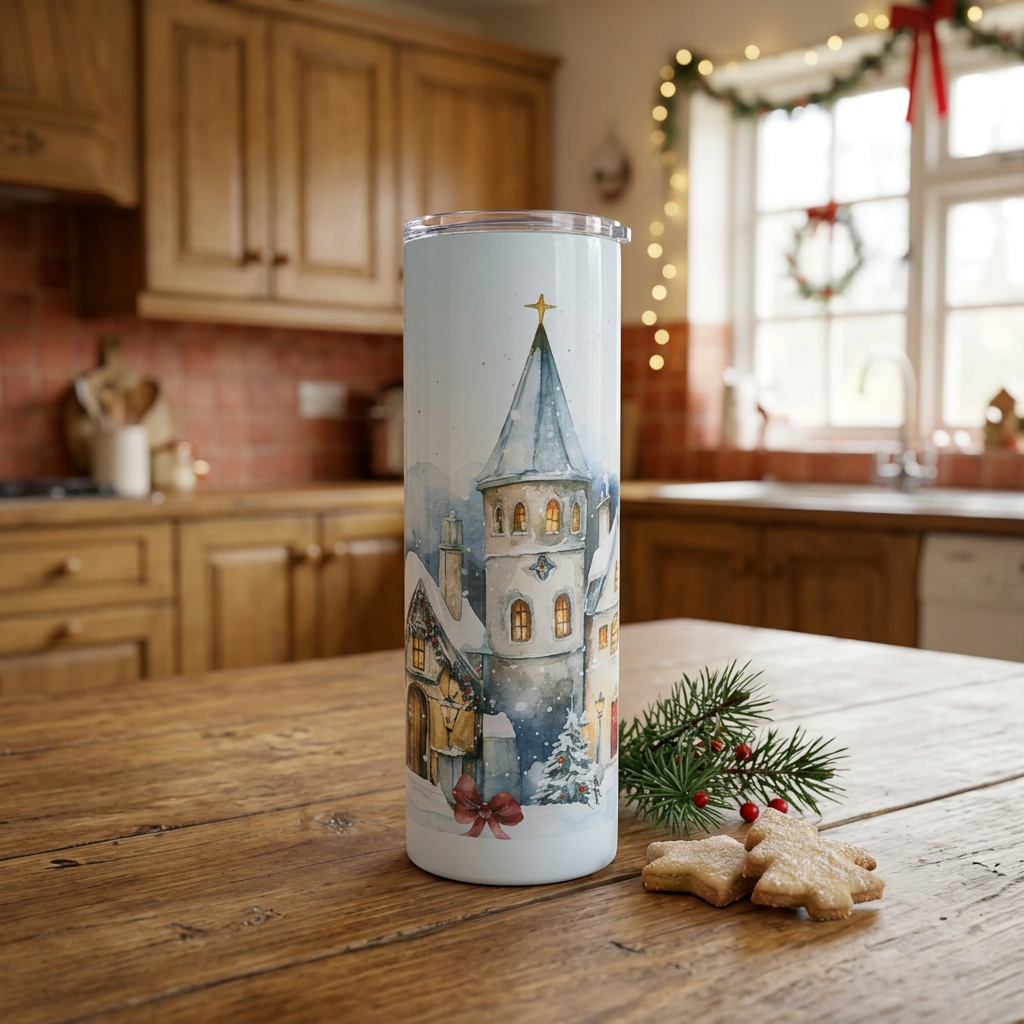 Christmas village tumbler in festive kitchen scene