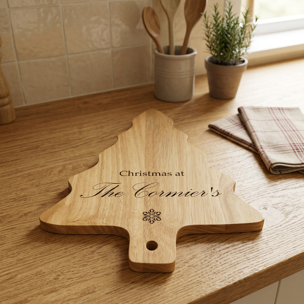 Christmas tree shaped Hevea wood serving board with example family name engraving and snowflake