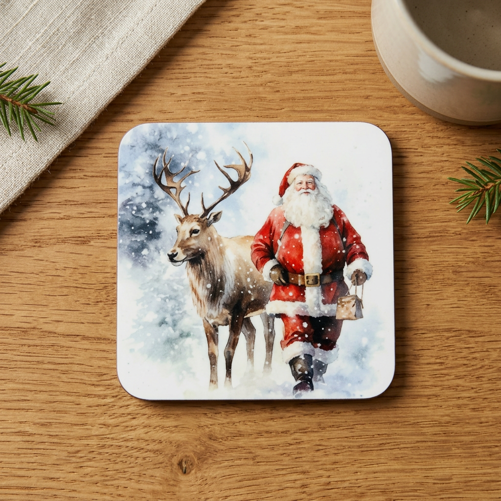 A square coaster with rounded corners featuring a watercolor-style illustration of Santa Claus walking with a stag in the snow, placed on a wooden tabletop with a mug and pine branches nearby.