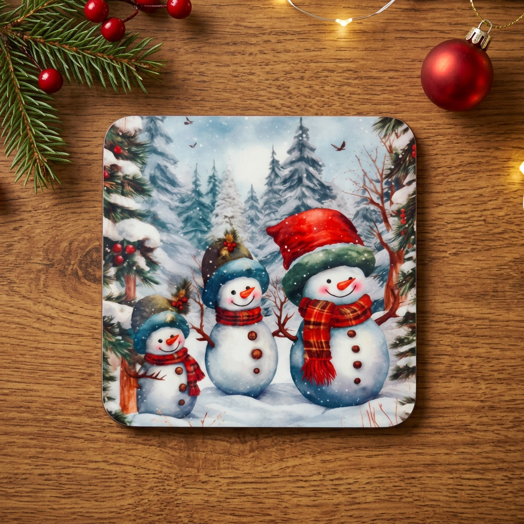 Three snowmen coaster in festive scene