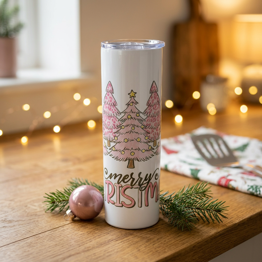 Pink Christmas tree tumbler in festive kitchen scene
