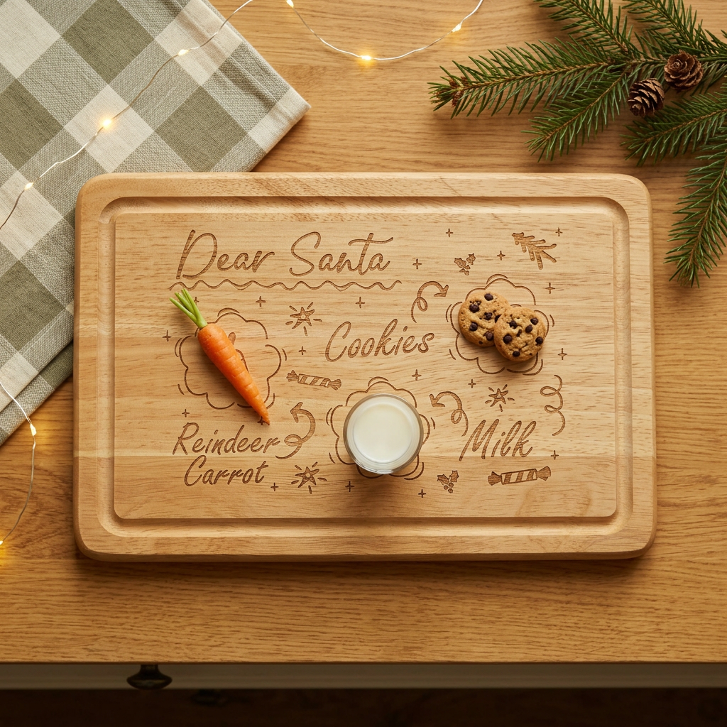 Rectangular Dear Santa board lying flat on a worktop with cookies, milk and a carrot for Christmas Eve