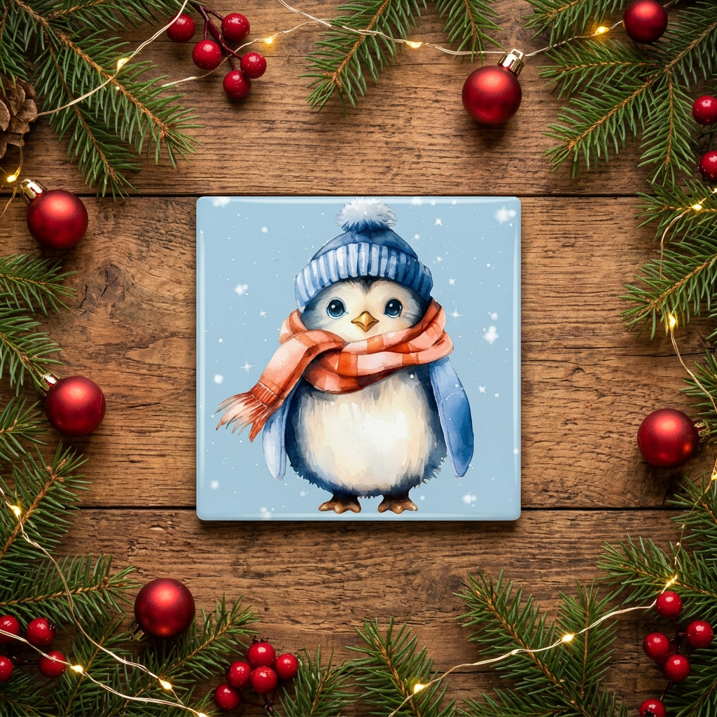 Penguin Christmas coaster on festive wooden backdrop