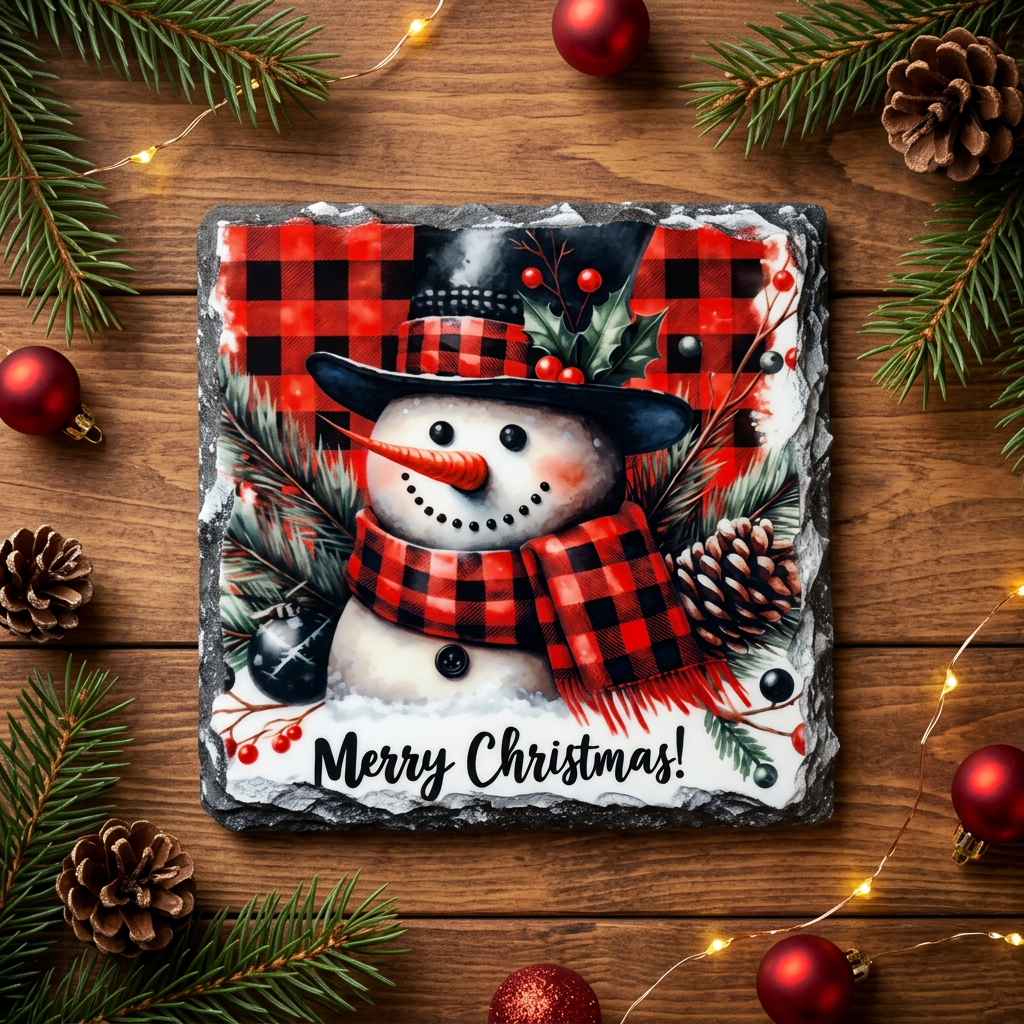 Snowman slate coaster 3 on festive wooden backdrop
