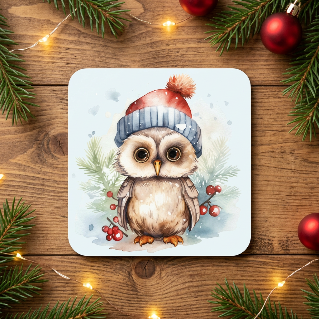 A square coaster featuring a watercolor illustration of a cute owl wearing a red Santa hat and blue knit scarf, surrounded by pine branches, red ornaments, and warm fairy lights on a wooden surface.