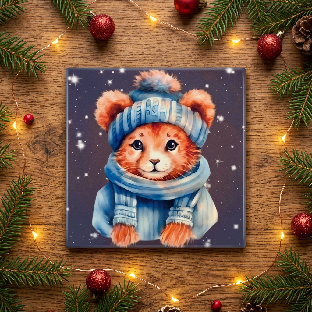 Bear Christmas coaster on festive wooden backdrop