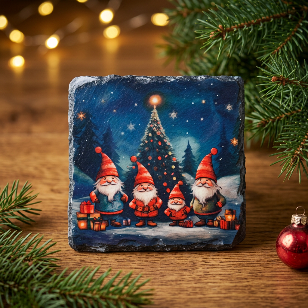 Four Christmas gnomes slate coaster in festive scene