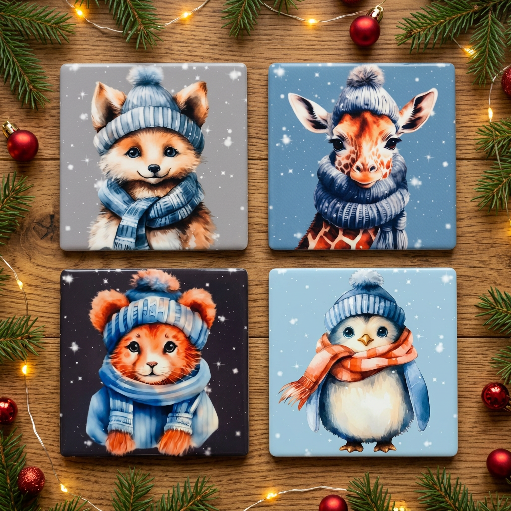 Penguin fox giraffe and bear Christmas coasters together on festive backdrop