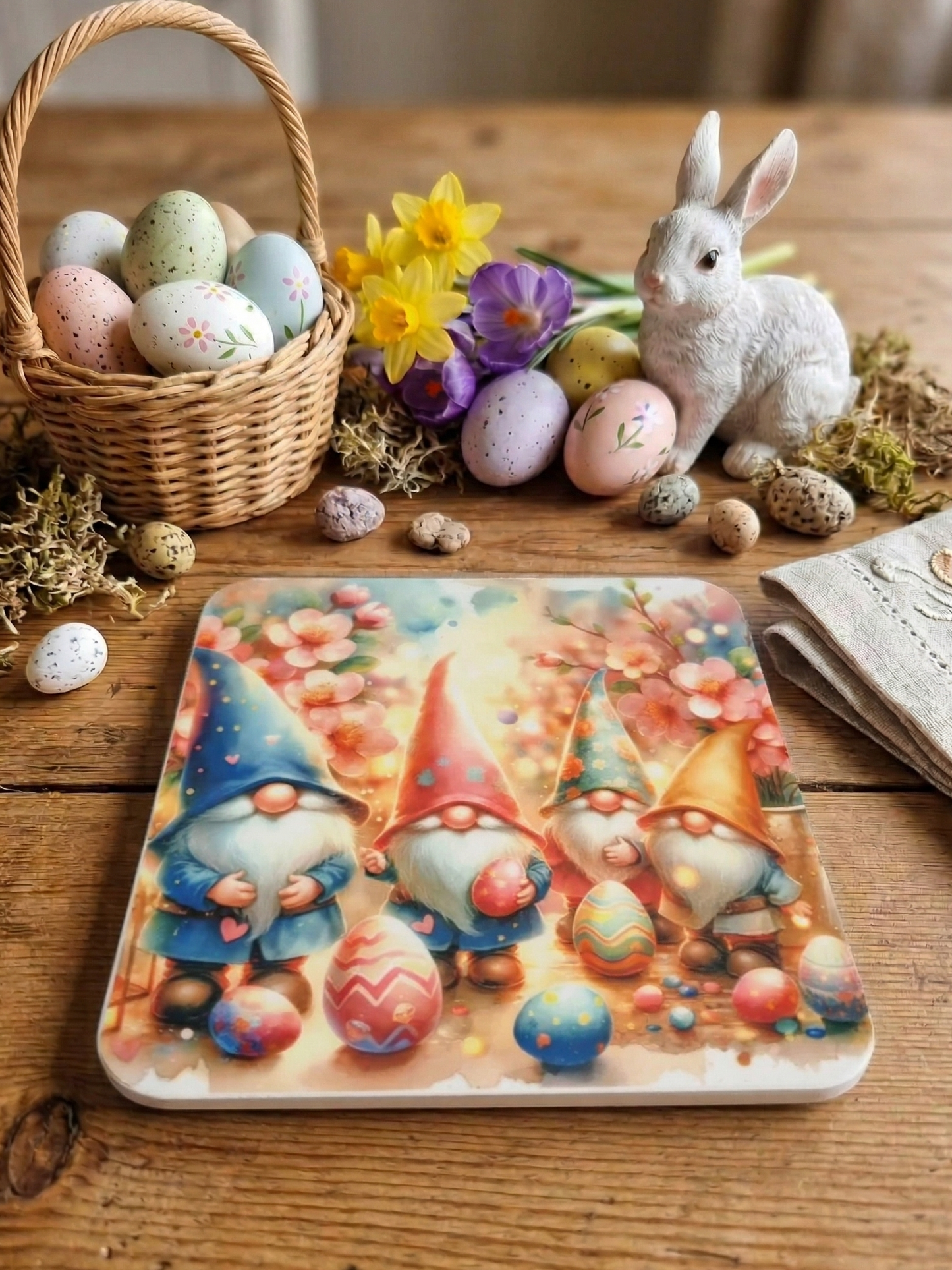 A coaster with four gnomes in colourful hats amongst pink flowers, on a wooden table with a white bunny and eggs.